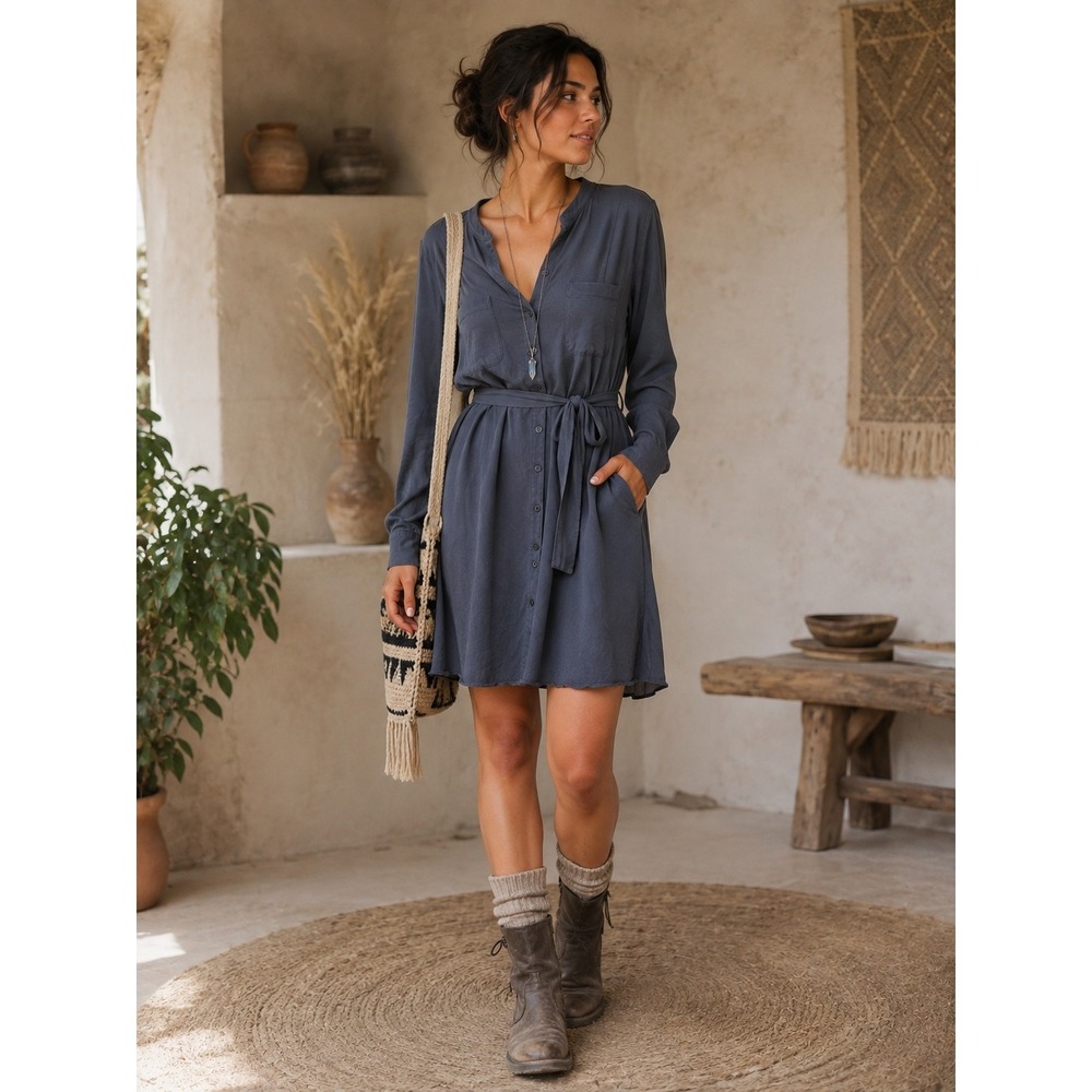 Fair Indigo Shirt Dress Womens L Blue Organic Pima Cotton Belted Pockets Casual